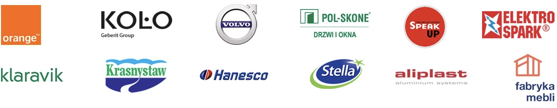 Logotypy marek: Orange, KOŁO, Volvo, POL-SKONE, Speak Up, Elektro Spark, klaravik, Krasnystaw, Hanesco, Stella, aluplast i Fabryka Mebli
