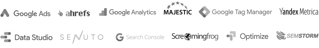 Logotypy narzędzi: Google Ads, ahrefs, Google Analytics, Majestic, Google Tag Manager, Yandex Metrica, Data Studio, Senuto, Search Console, Screaming Frog, Optimize i SEMSTORM